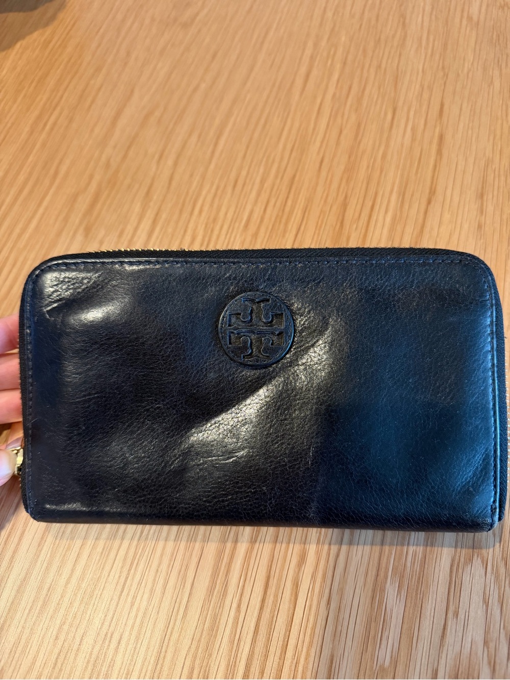 Tory Burch Black Leather Zip-Around Wallet with Logo Medallion